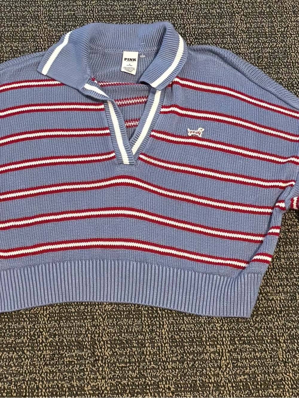 PINK Victoria's Secret Cropped Polo Sweater in Light Blue with Red Stripes